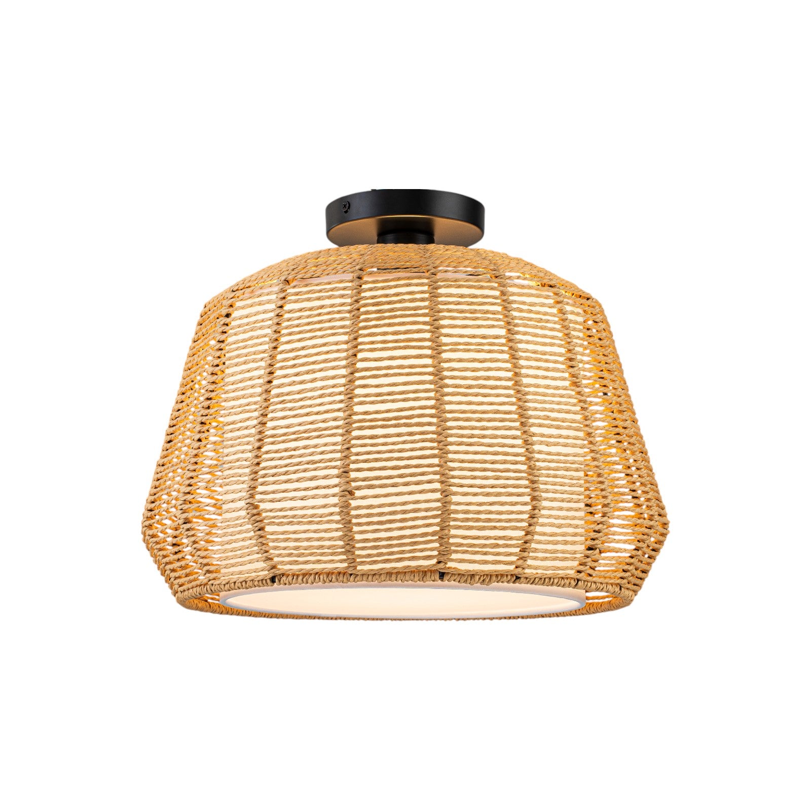 Glowlings 1-Light 16"Wide Rustic Natural Rattan Rope White Fabric Flush Mount