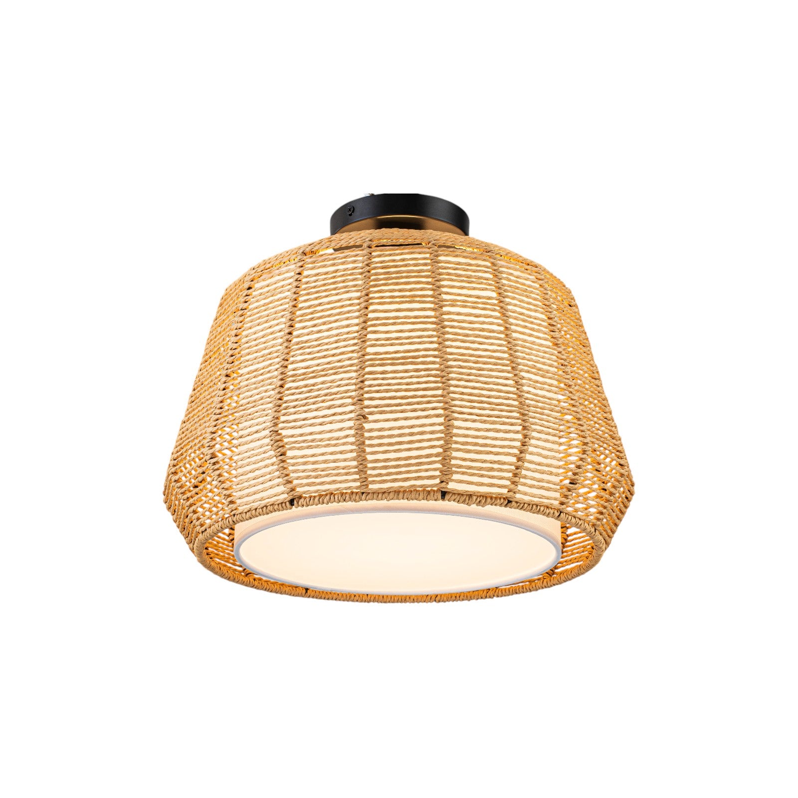 Glowlings 1-Light 16"Wide Rustic Natural Rattan Rope White Fabric Flush Mount