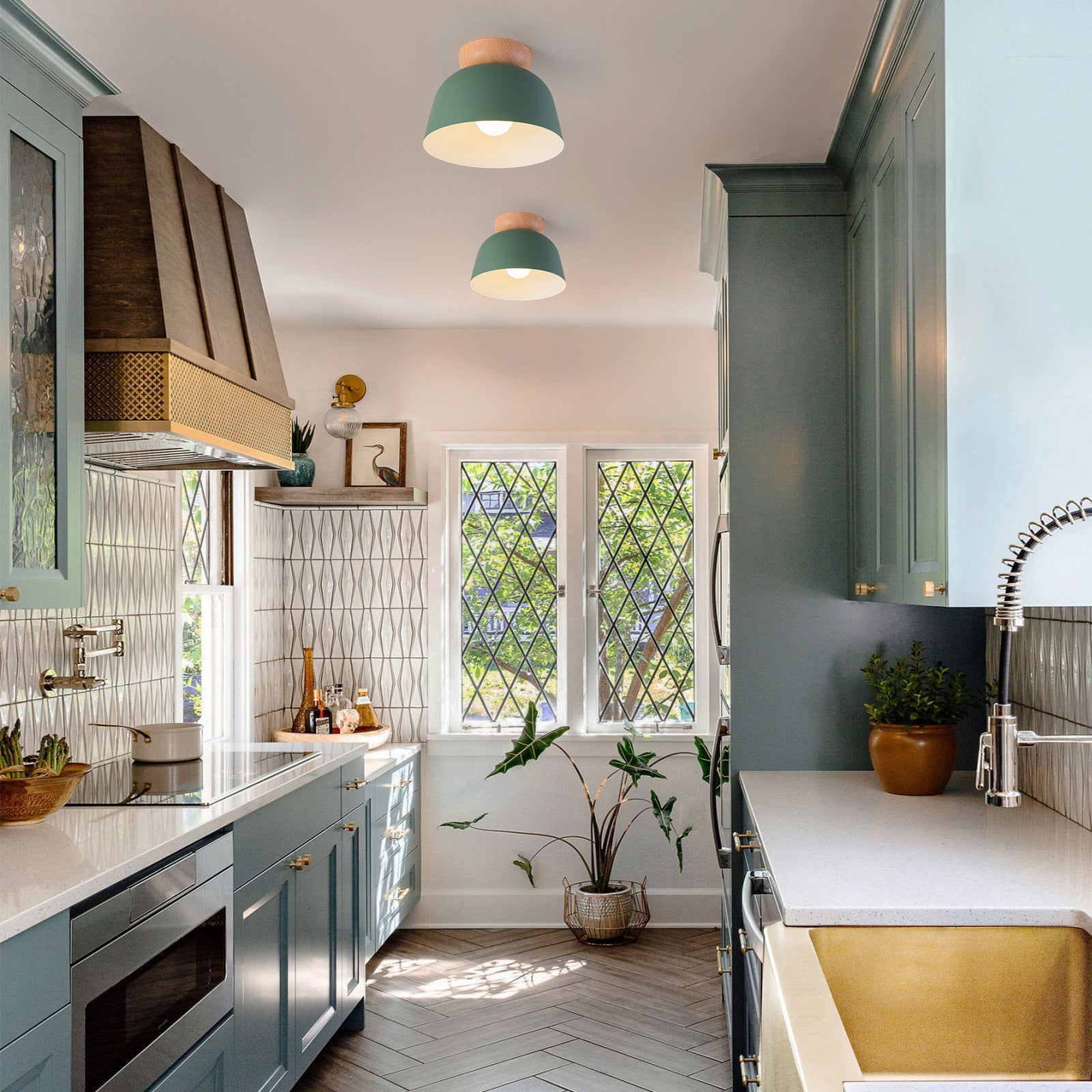 Glowlings 1-Light Modern 11"Wide Blue/Green Small Dome Wood Flush Mount Celiling Light