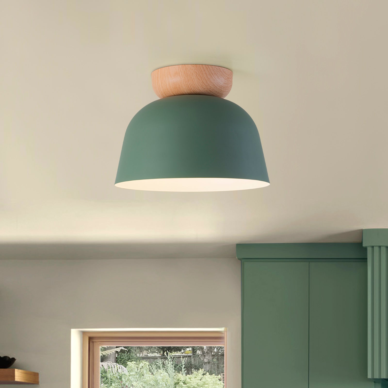 Glowlings 1-Light Modern 11"Wide Blue/Green Small Dome Wood Flush Mount Celiling Light