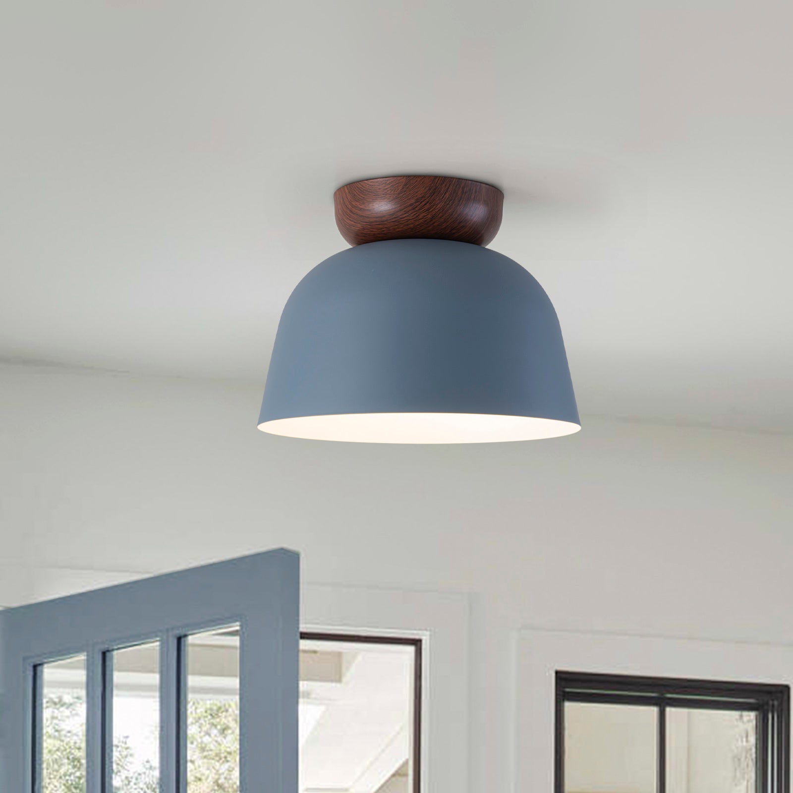 Glowlings 1-Light Modern 11"Wide Blue/Green Small Dome Wood Flush Mount Celiling Light