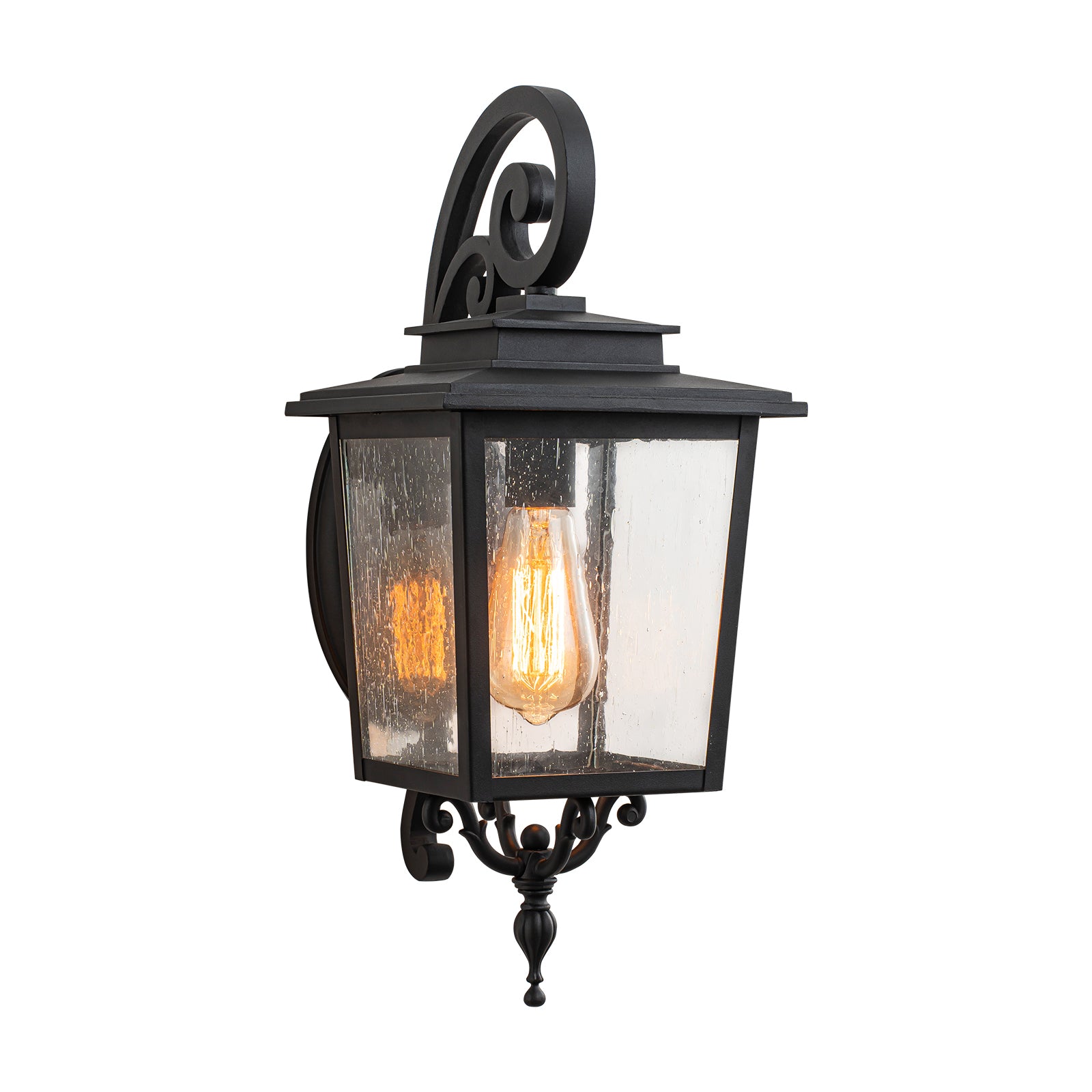 Glowlings 1-Light Traditional Lantern Outdoor Wall Sconce with Seeded Glass and Scroll Accent