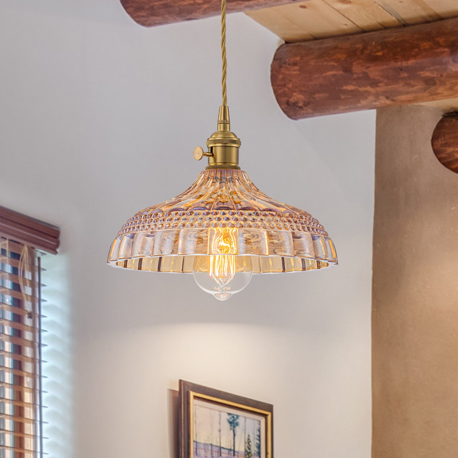 Glowlings 1-Light Vintage Amber Ribbed Glass Small Dome Pendant Light Island Light