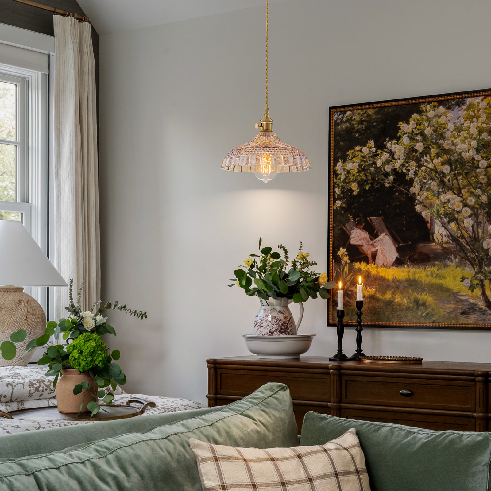 Glowlings 1-Light Vintage Amber Ribbed Glass Small Dome Pendant Light Island Light