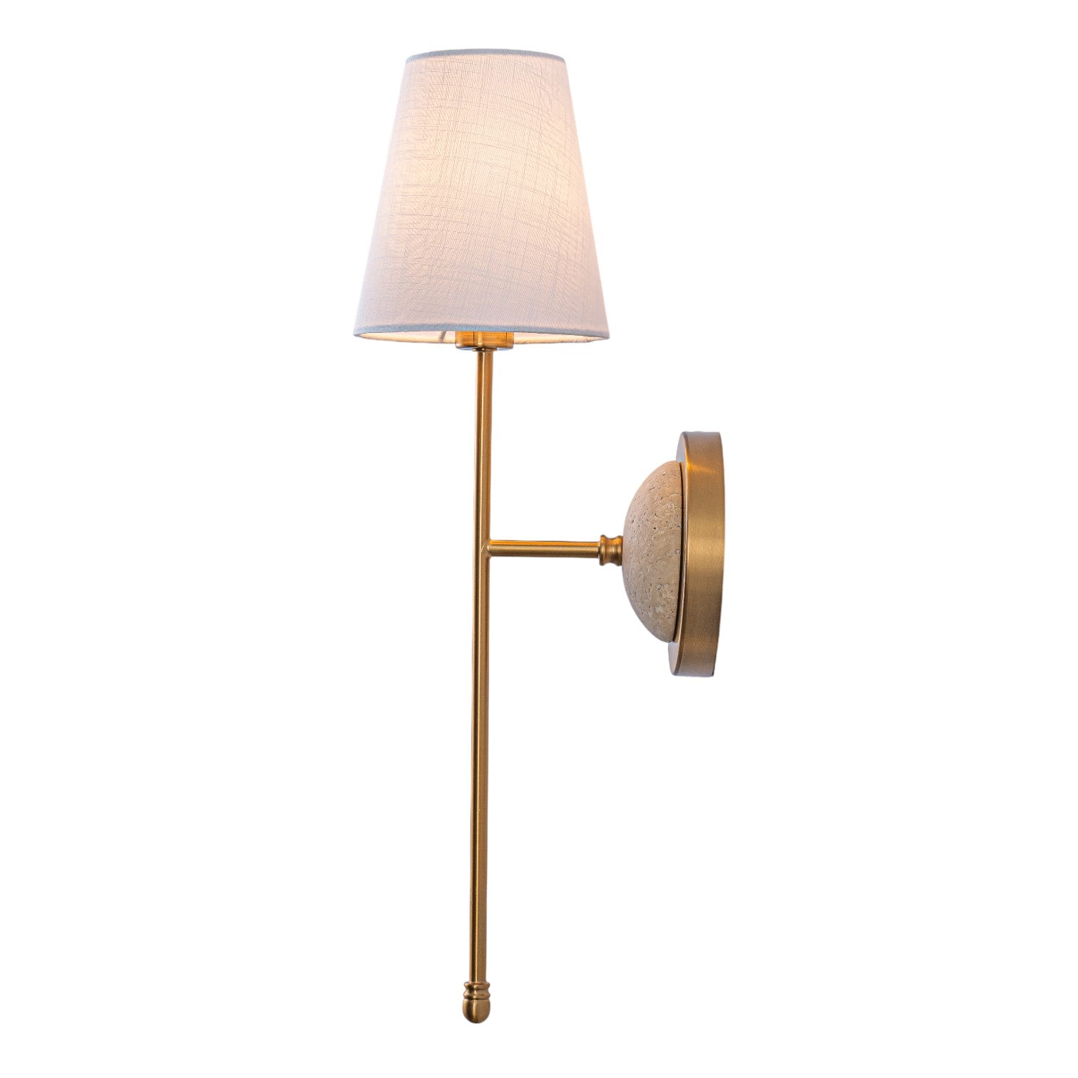 Glowlings 1-Light Vintage Antique Brass Cone Fabric Wall Sconce with Natural Stone Accent