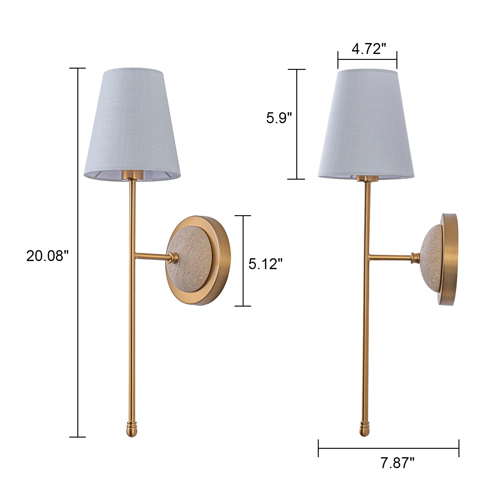 Glowlings 1-Light Vintage Antique Brass Cone Fabric Wall Sconce with Natural Stone Accent