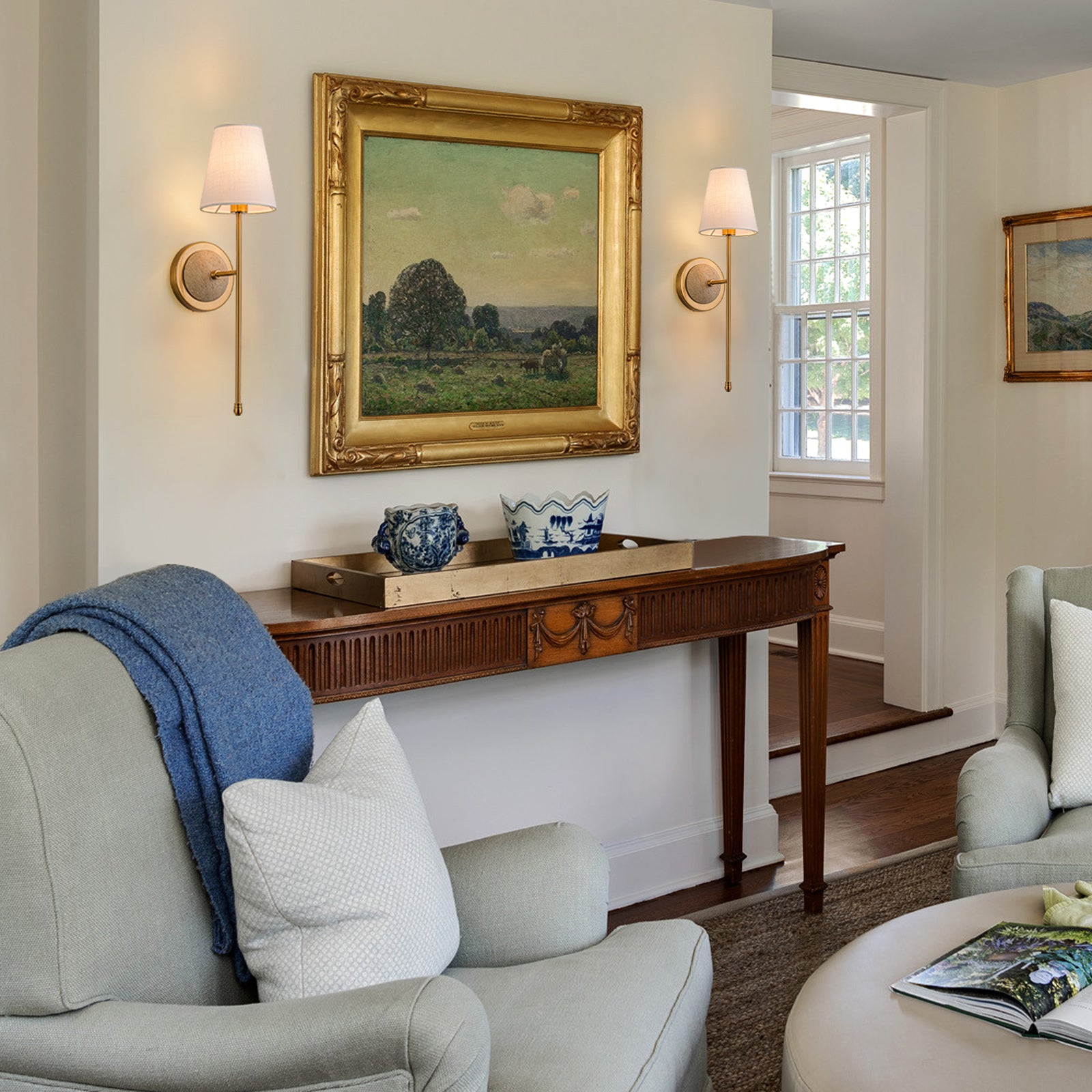 Glowlings 1-Light Vintage Antique Brass Cone Fabric Wall Sconce with Natural Stone Accent