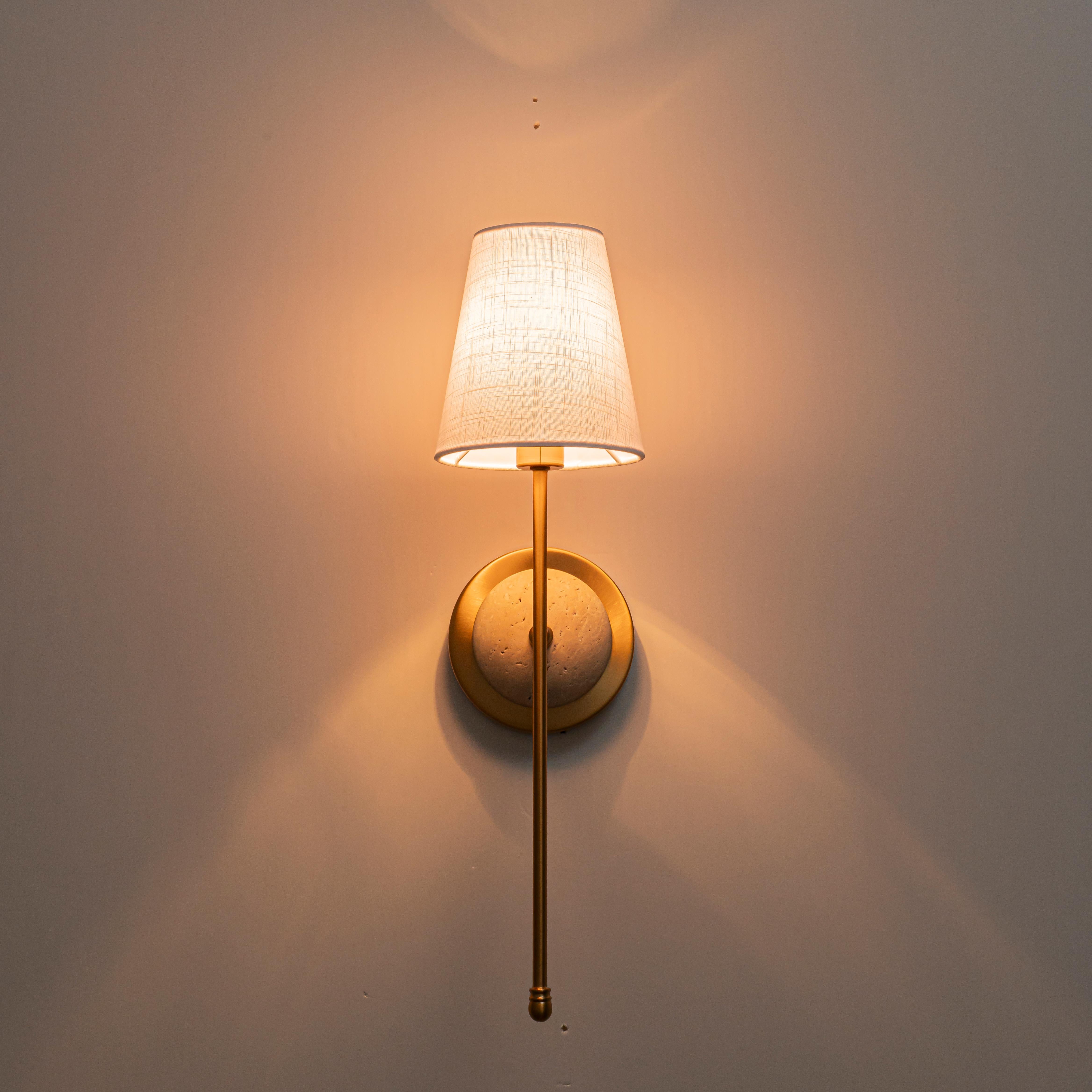 Glowlings 1-Light Vintage Antique Brass Cone Fabric Wall Sconce with Natural Stone Accent