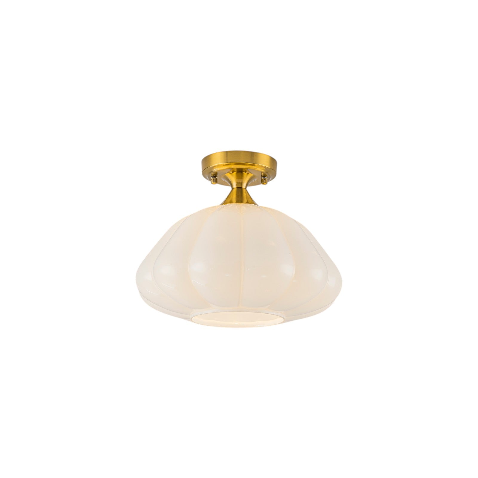 Glowlings 1-Light Vintage Antique Brass Opal Glass Pumpkin Small Semi-Flush Mount