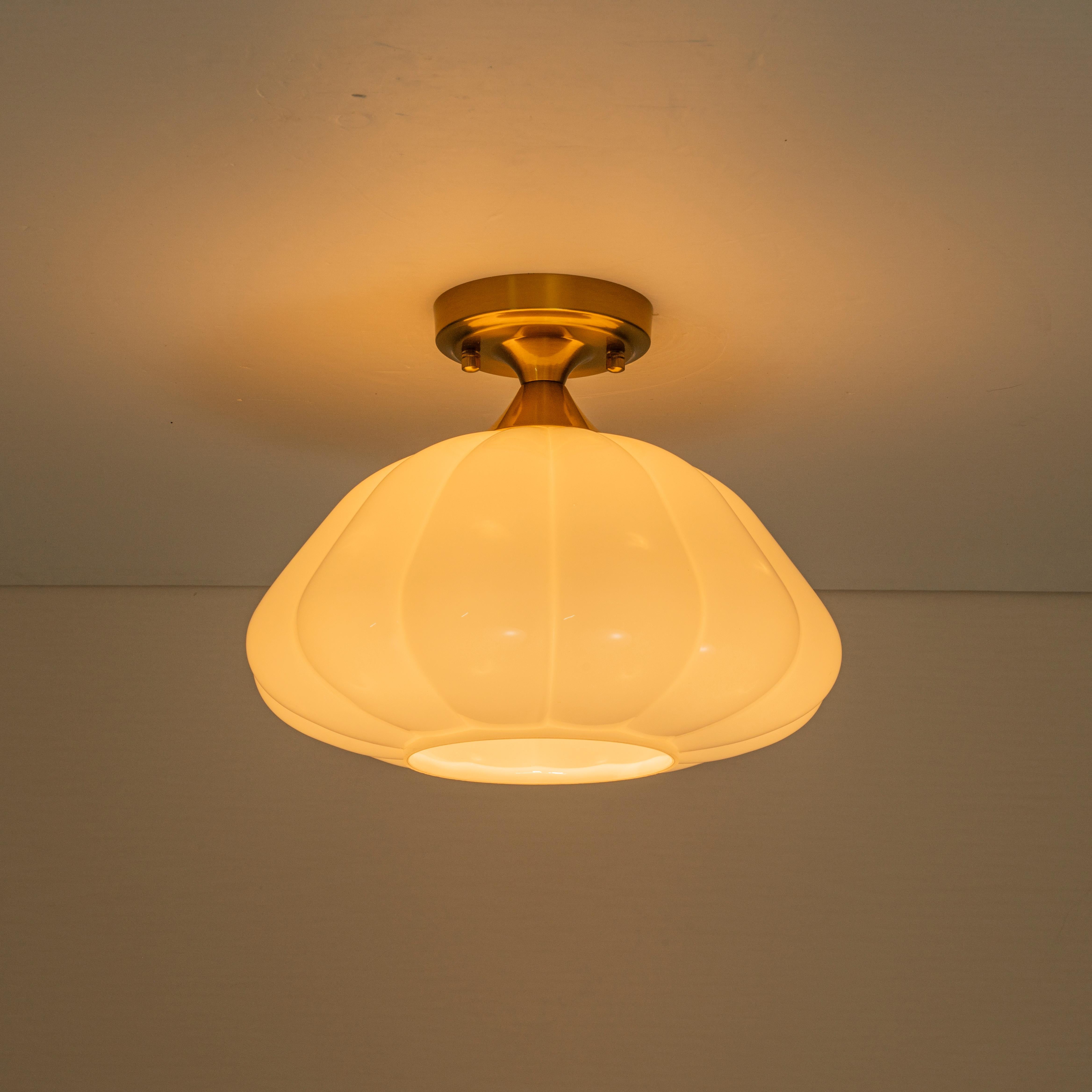 Glowlings 1-Light Vintage Antique Brass Opal Glass Pumpkin Small Semi-Flush Mount