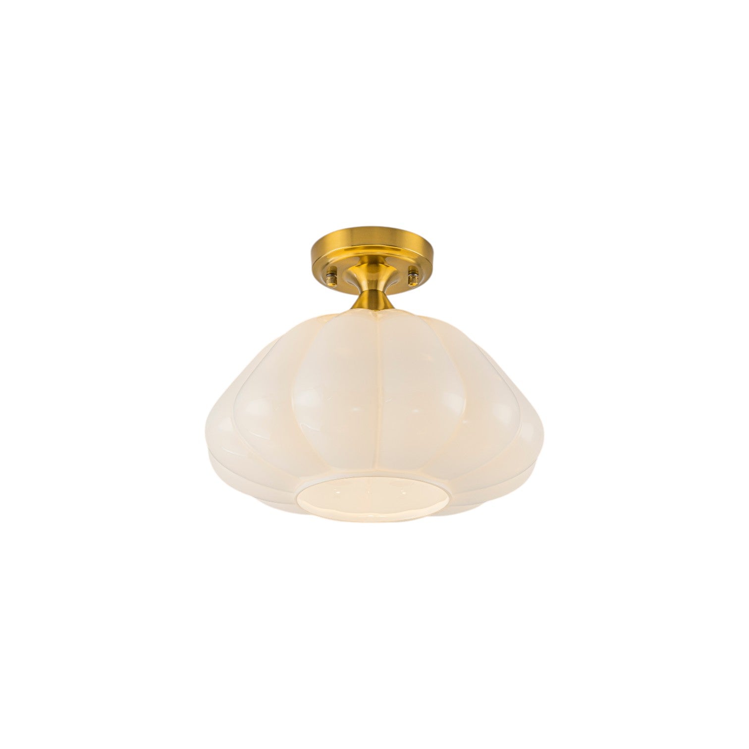 Glowlings 1-Light Vintage Antique Brass Opal Glass Pumpkin Small Semi-Flush Mount