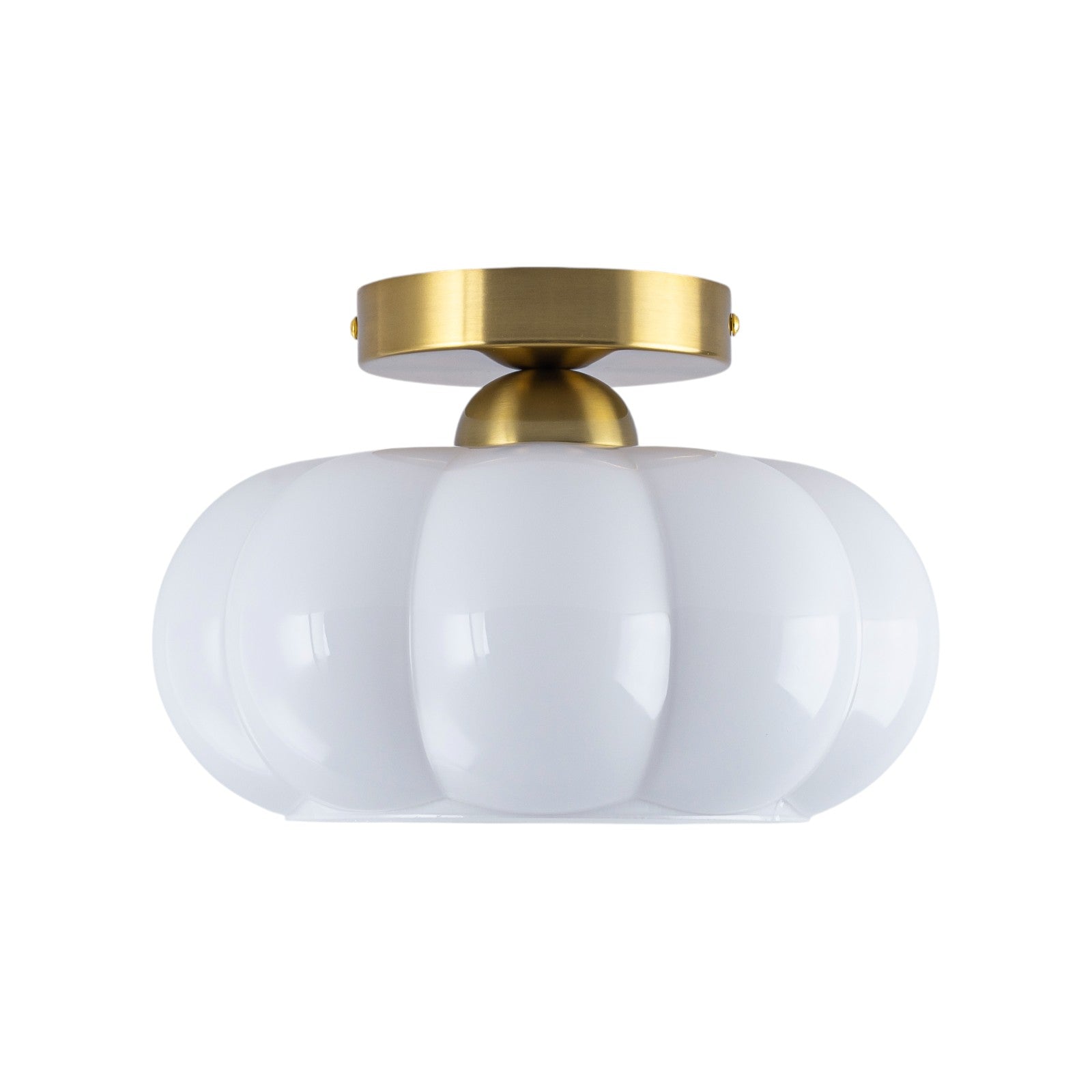 Glowlings 1-Light 10"Wide Vintage Antique Brass Opal Glass Pumpkin Small Semi-Flush Mount