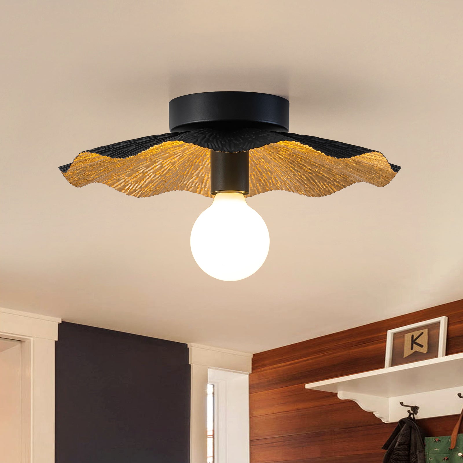 Glowlings 1-Light Vintage 13"Wide Gold Foil Flower Shape Flush Mount Ceiling Light