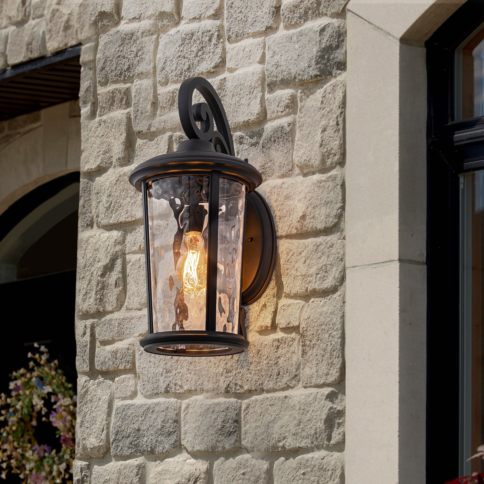 Glowlings 1-Light Vintage 21"High Matte Black IP23 Rippled Glass Outdoor Wall Sconce