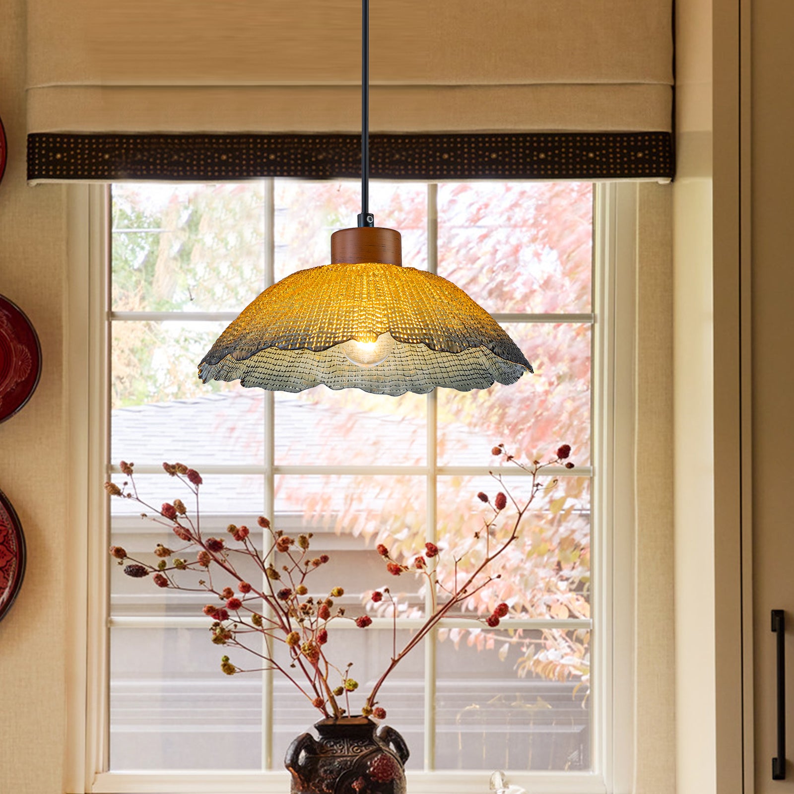 Glowlings 1-Light Vintage Textured Amber Glass Dome Pendant Light with Wood Accent