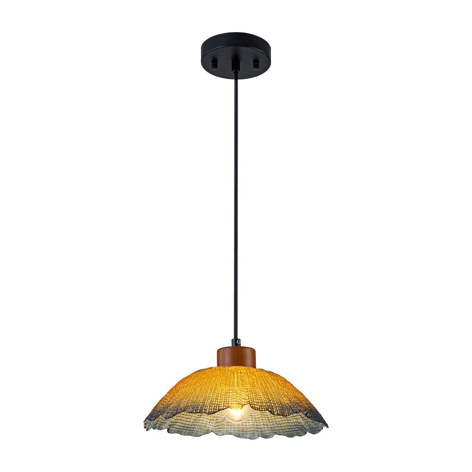 Glowlings 1-Light Vintage Textured Amber Glass Dome Pendant Light with Wood Accent