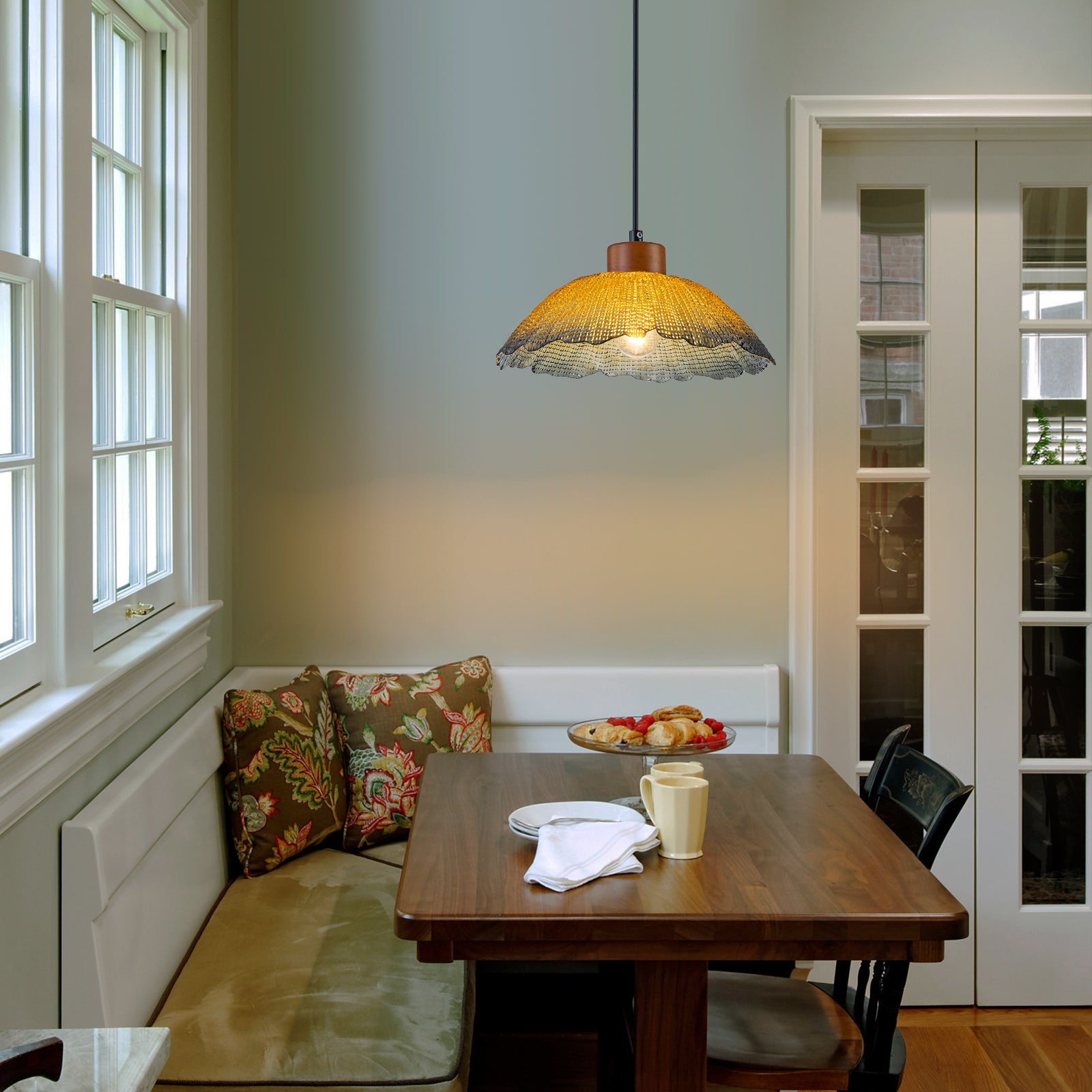 Glowlings 1-Light Vintage Textured Amber Glass Dome Pendant Light with Wood Accent