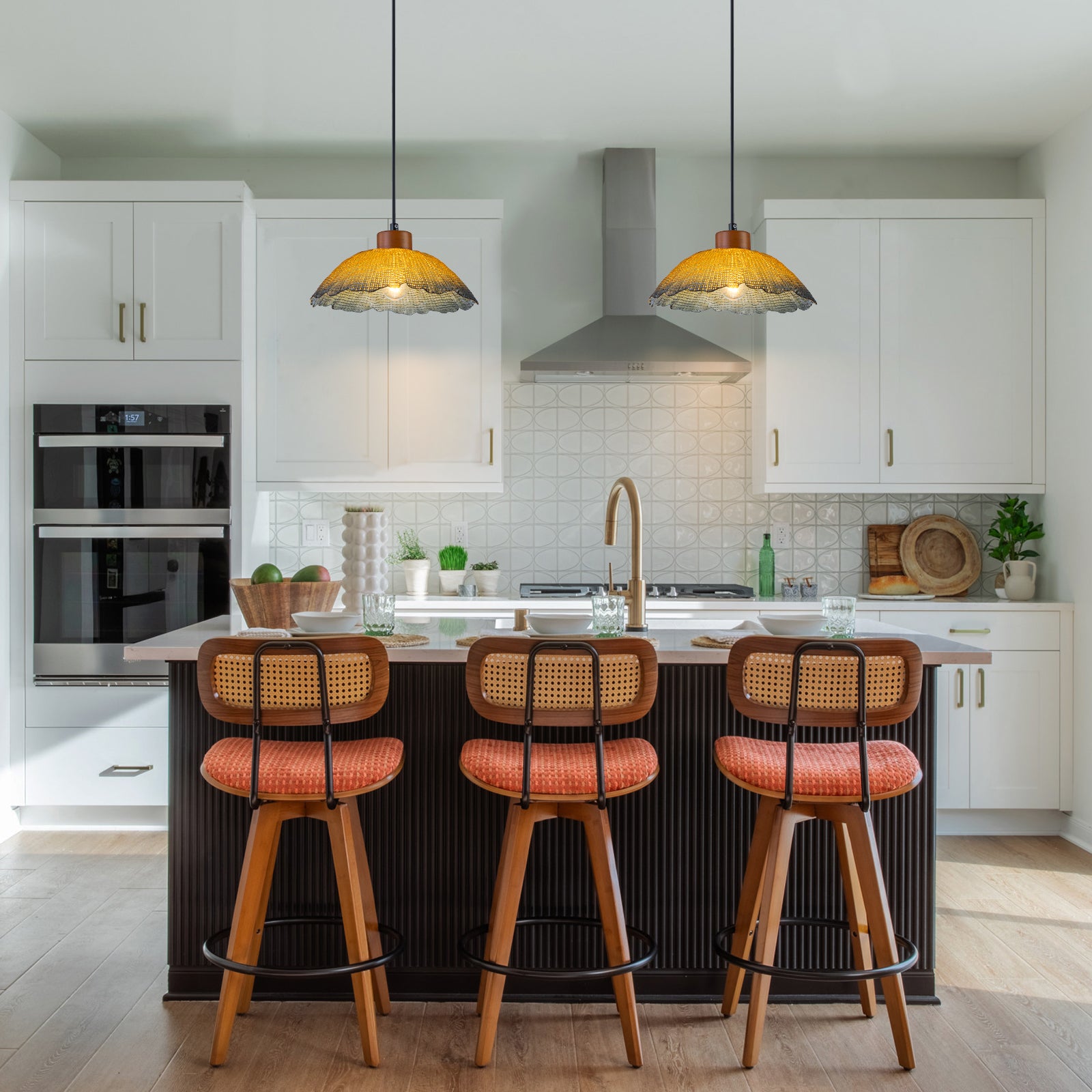 Glowlings 1-Light Vintage Textured Amber Glass Dome Pendant Light with Wood Accent