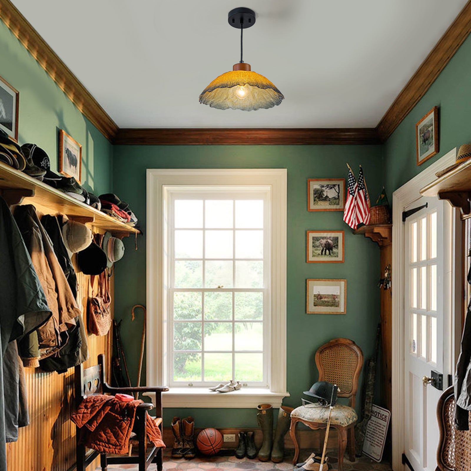 Glowlings 1-Light Vintage Textured Amber Glass Dome Pendant Light with Wood Accent