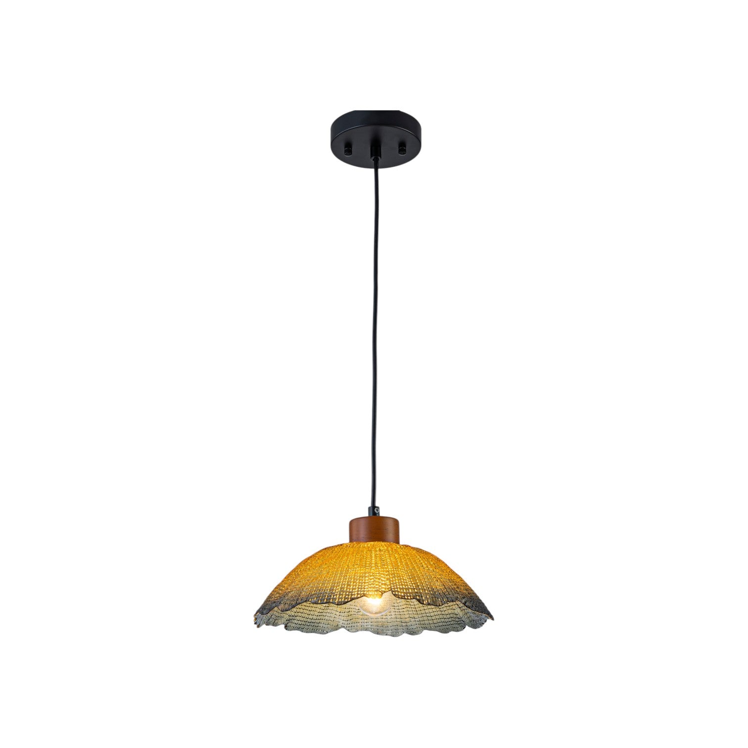Glowlings 1-Light Vintage Textured Amber Glass Dome Pendant Light with Wood Accent