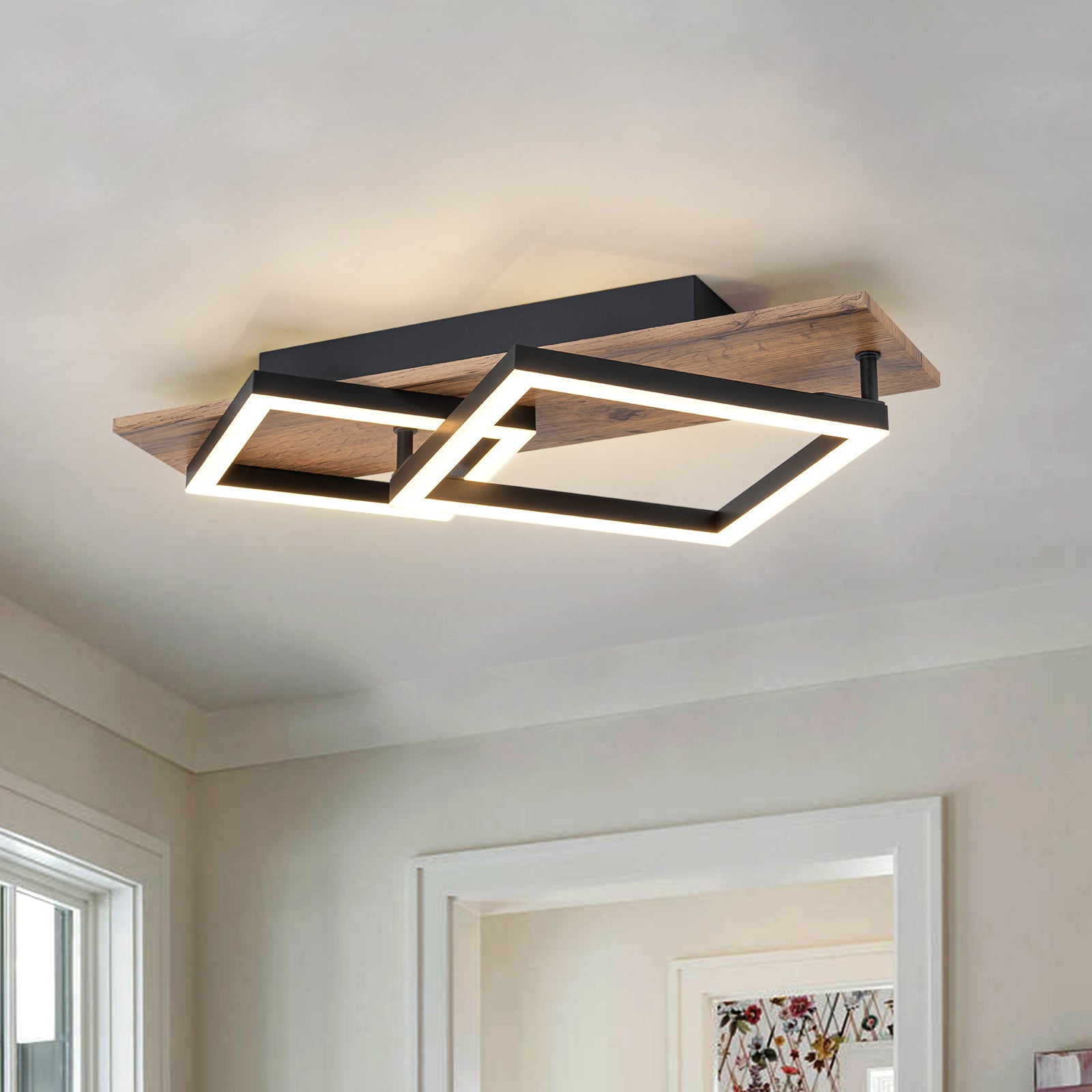 Glowlings 2-flammige Farmhouse-Deckenleuchte, 48,3 cm breit, rechteckig, integrierte LED-Holz-Deckenleuchte