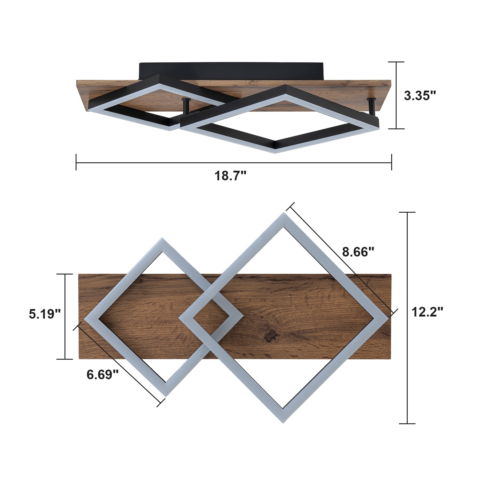 Glowlings 2-flammige Farmhouse-Deckenleuchte, 48,3 cm breit, rechteckig, integrierte LED-Holz-Deckenleuchte