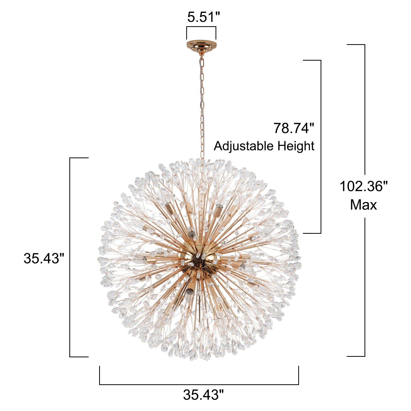 Glowlings 20-flammiger Vintage-Kronleuchter mit 88,9 cm Breite, großer goldener Kristall-Sputnik-Kugel in Löwenzahnform