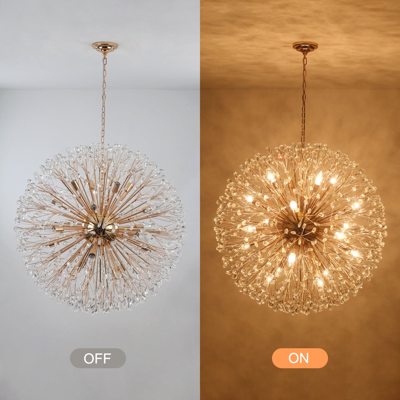 Glowlings 20-flammiger Vintage-Kronleuchter mit 88,9 cm Breite, großer goldener Kristall-Sputnik-Kugel in Löwenzahnform