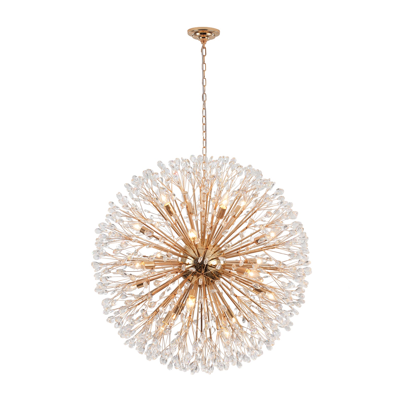 Glowlings 20-flammiger Vintage-Kronleuchter mit 88,9 cm Breite, großer goldener Kristall-Sputnik-Kugel in Löwenzahnform