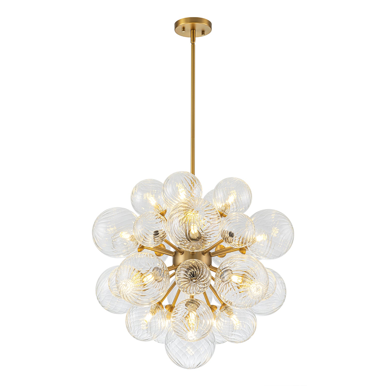 Glowlings Moderner 21-flammiger 24" breiter goldfarbener Sputnik-Kronleuchter mit gewirbeltem Kugelglas