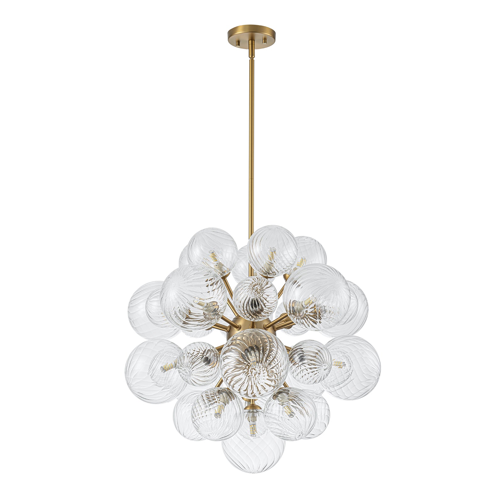 Glowlings Moderner 21-flammiger 24" breiter goldfarbener Sputnik-Kronleuchter mit gewirbeltem Kugelglas