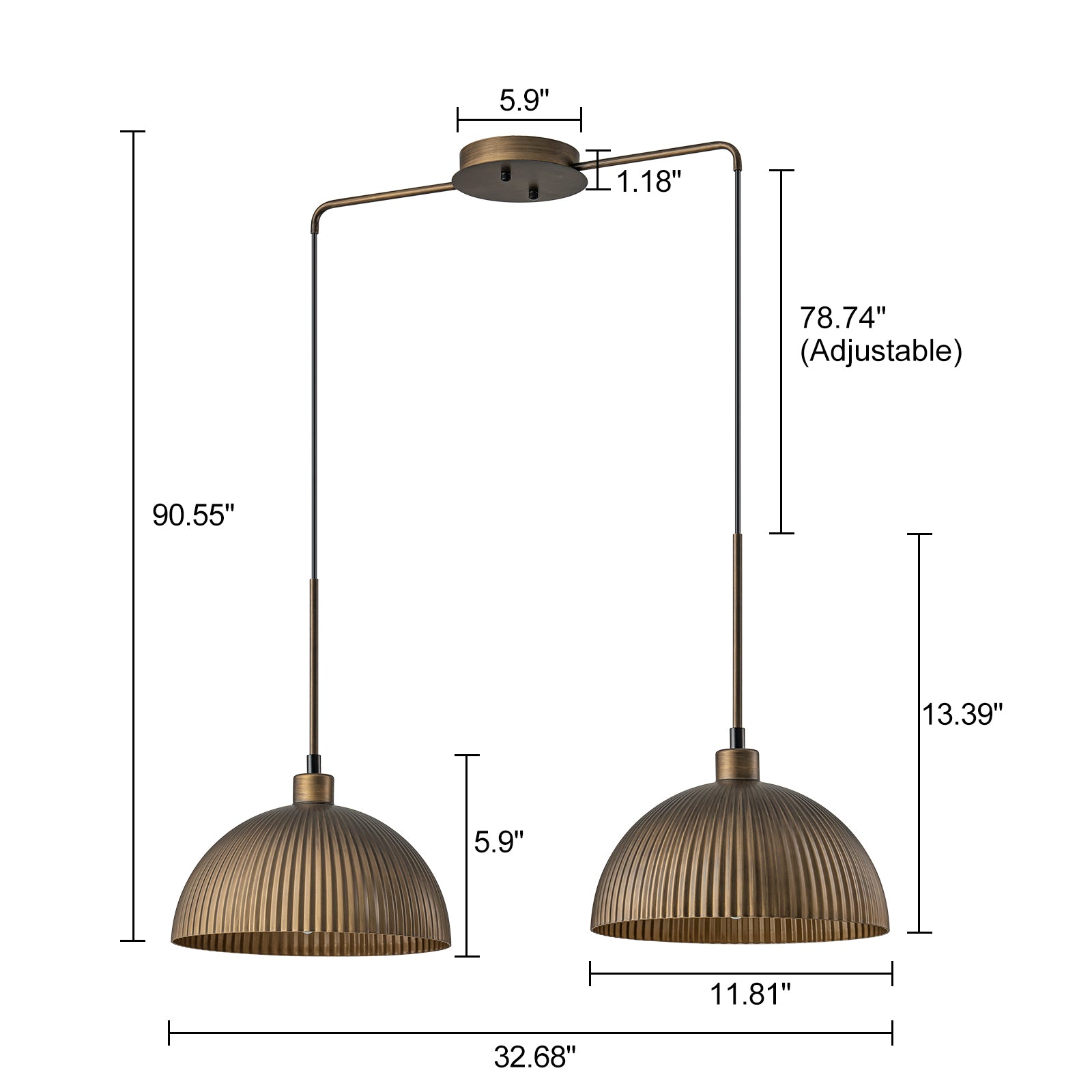 Glowlings 2-flammige, 83,8 cm breite, übergroße, gerippte Kuppel-Pendelleuchte im Industriestil im Antik-Bronze-Stil
