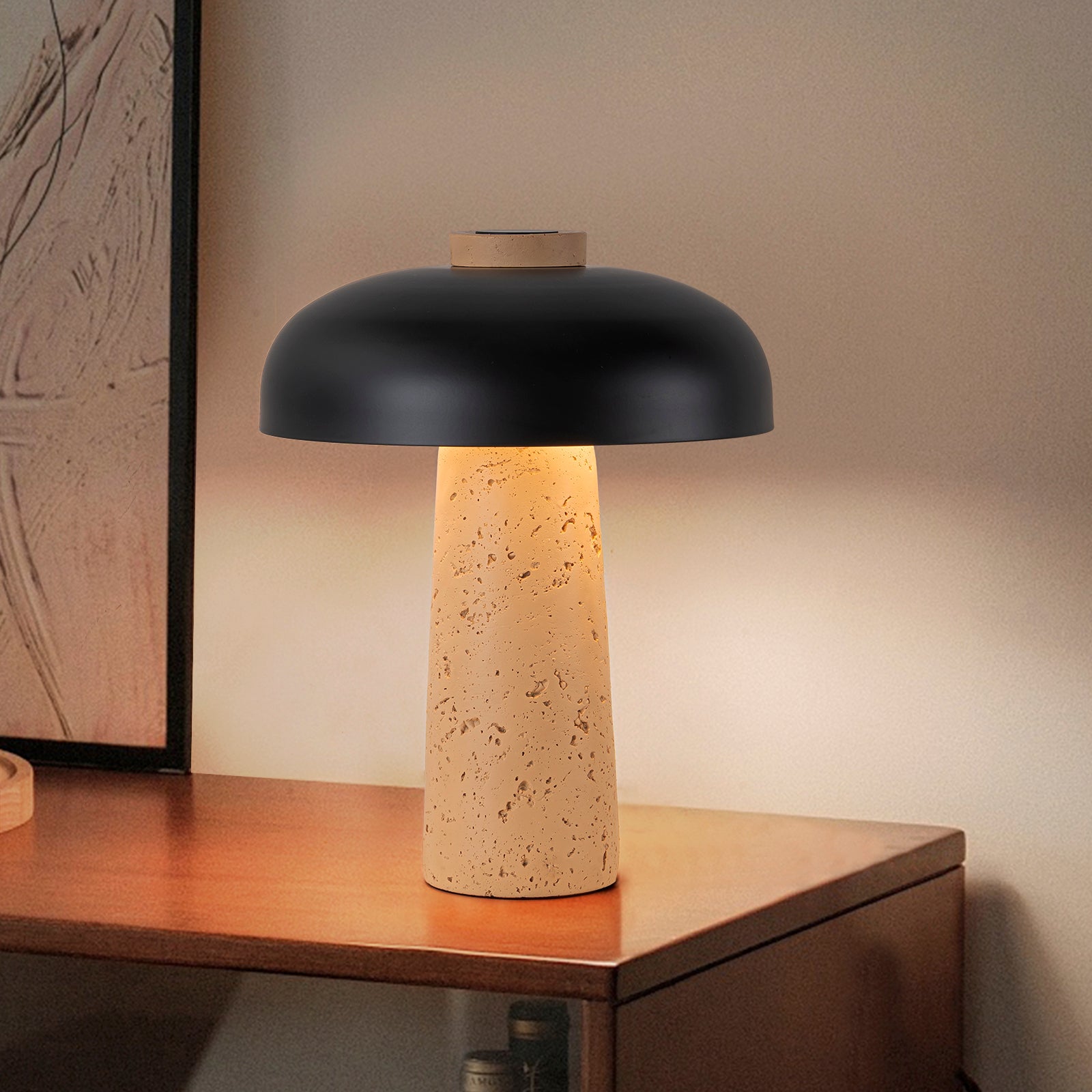 Glowlings 2-flammige moderne schwarze Naturstein-Tischlampe mit Pilz-Design