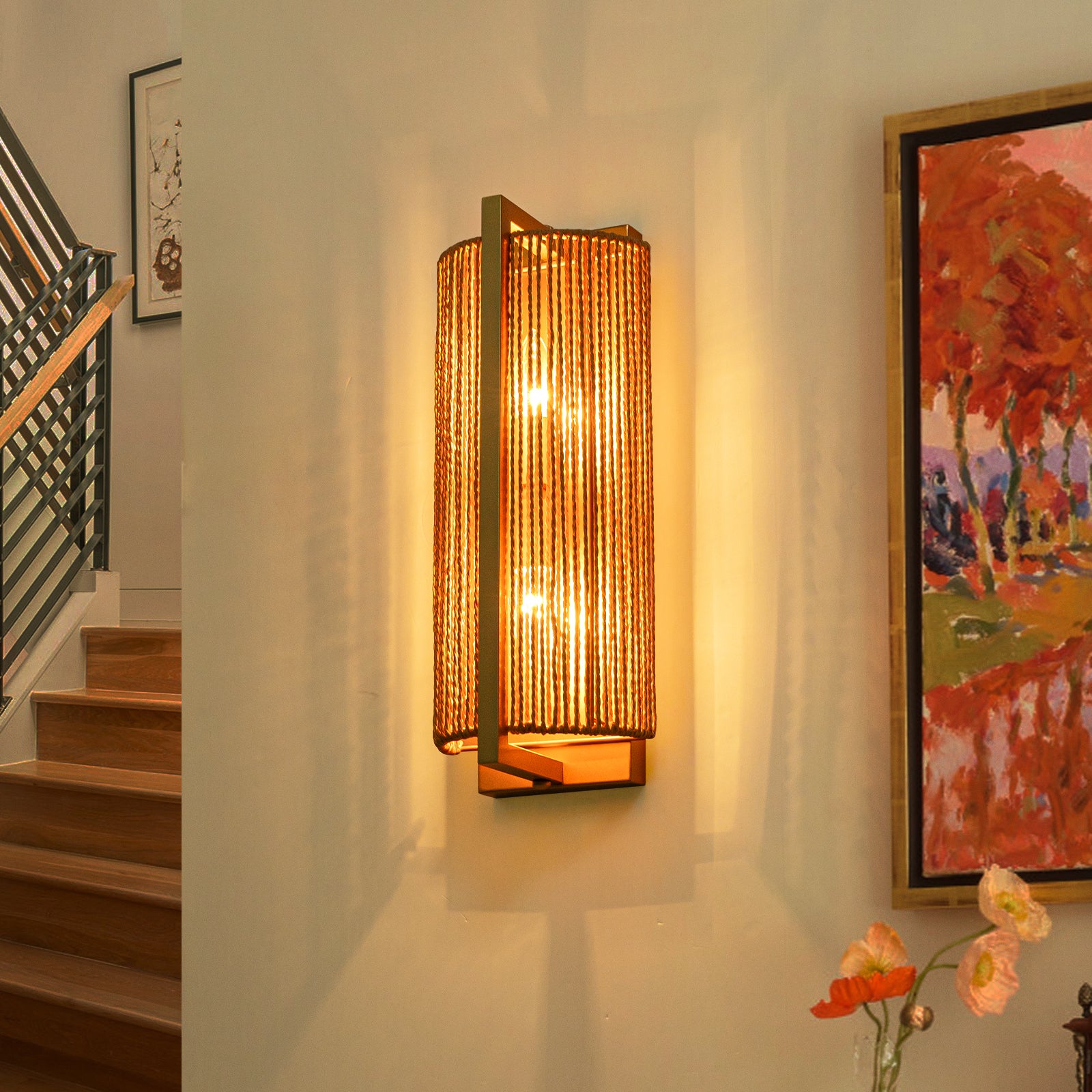 Glowlings 2-Light Boho 16"High Brushed Gold Wall Sconce with Natural Woven Jute Rope Shade