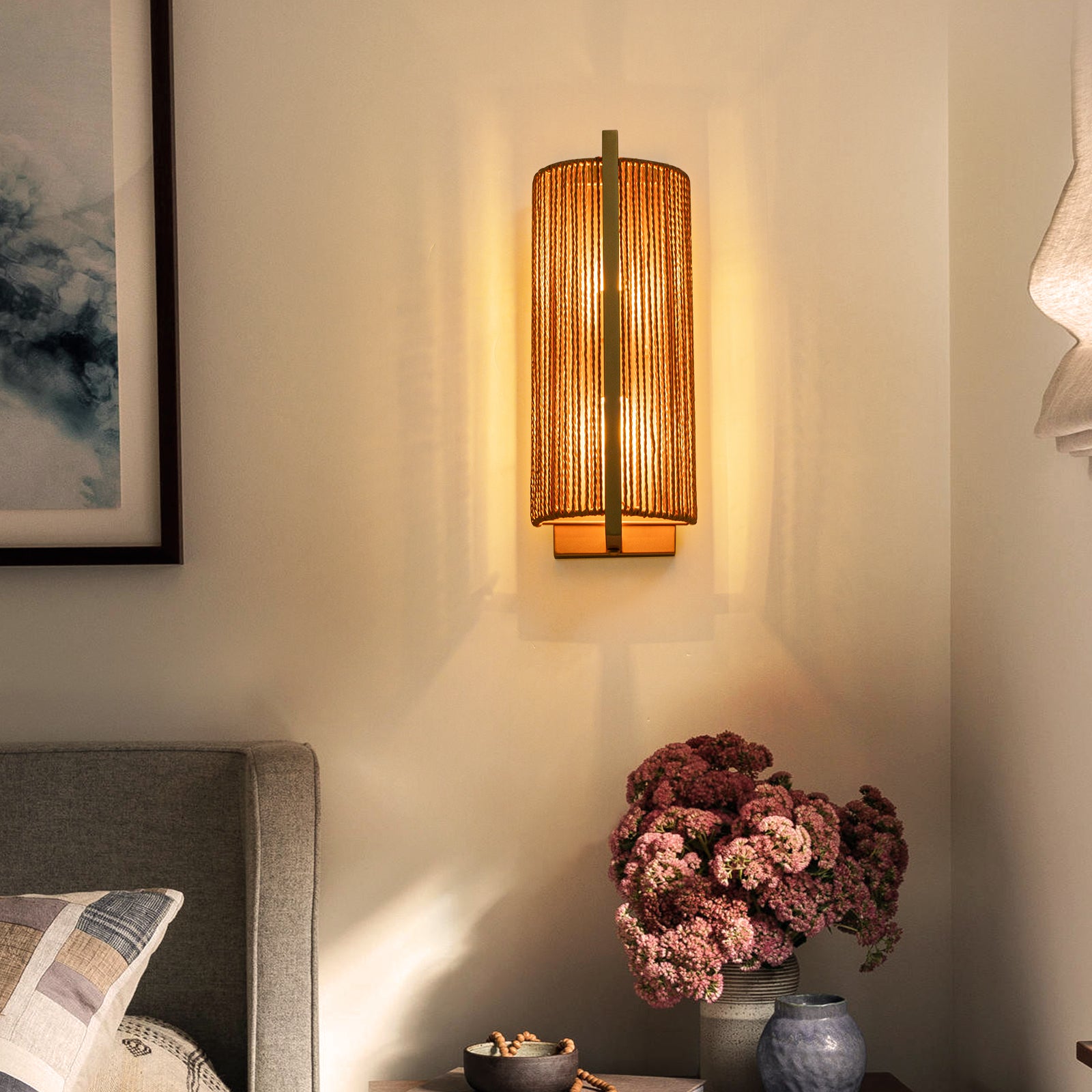 Glowlings 2-Light Boho 16"High Brushed Gold Wall Sconce with Natural Woven Jute Rope Shade