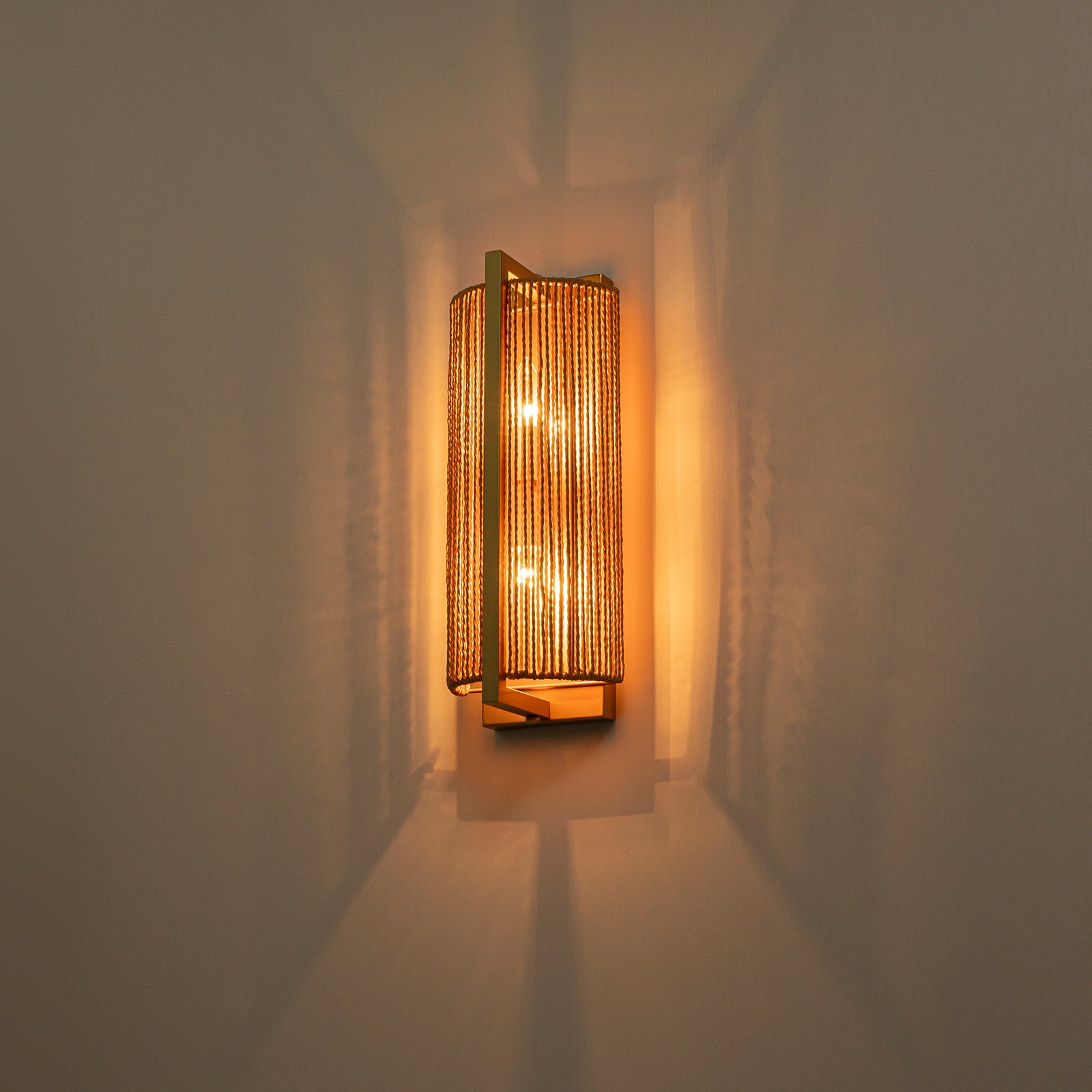 Glowlings 2-Light Boho 16"High Brushed Gold Wall Sconce with Natural Woven Jute Rope Shade