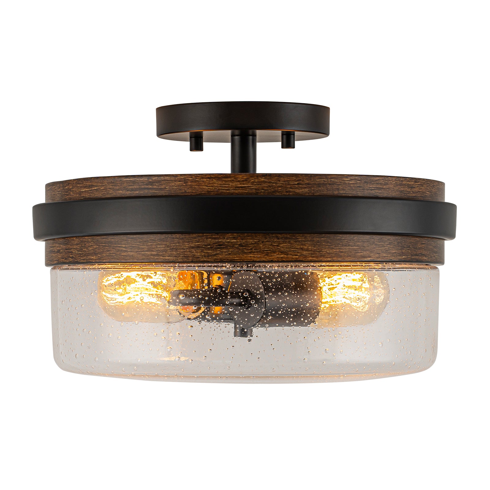 Glowlings 2-Light Farmhouse Drum Semi Flush Mount Ceiling Light with Seeded Glass Shade & Wood Grain Accent