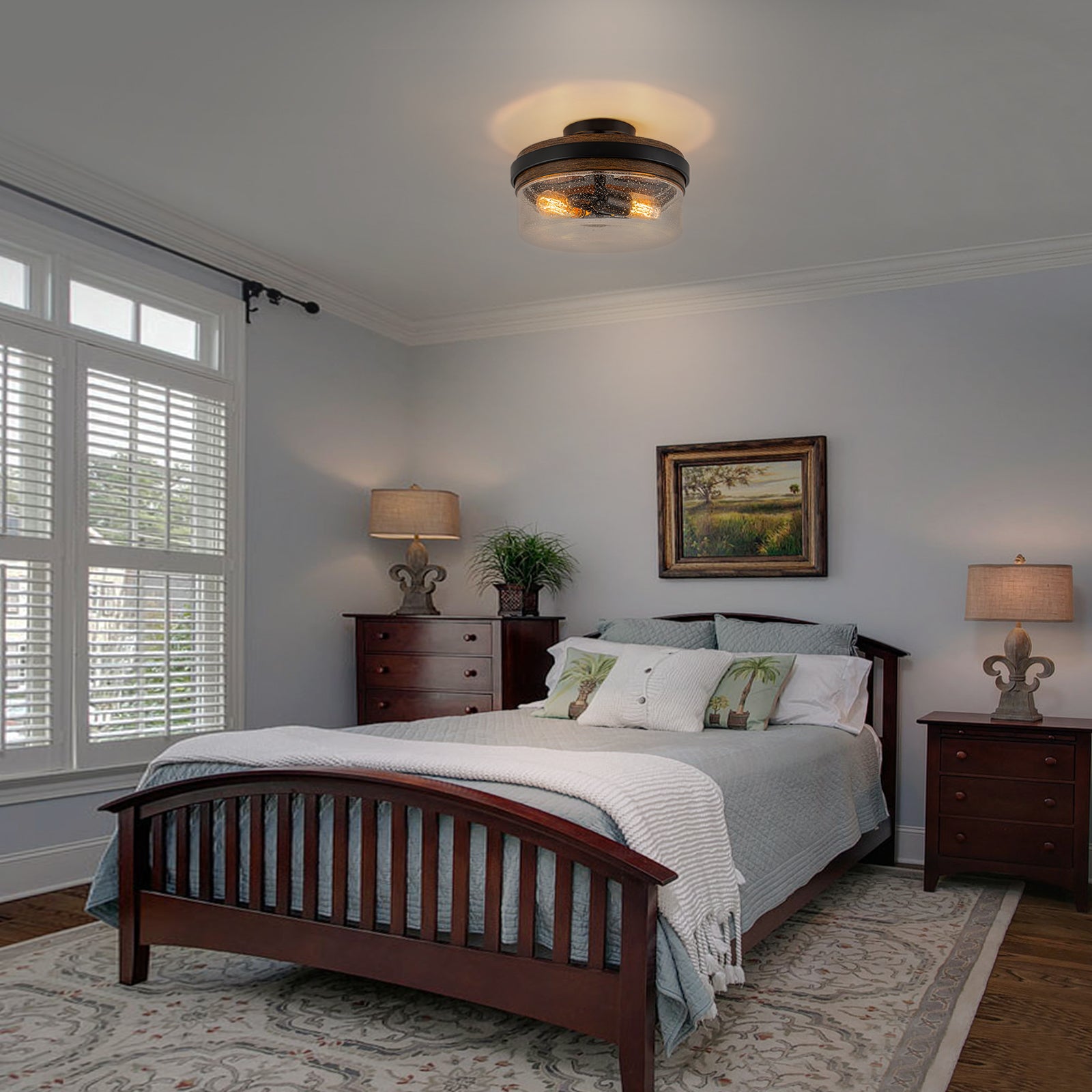 Glowlings 2-Light Farmhouse Drum Semi Flush Mount Ceiling Light with Seeded Glass Shade & Wood Grain Accent