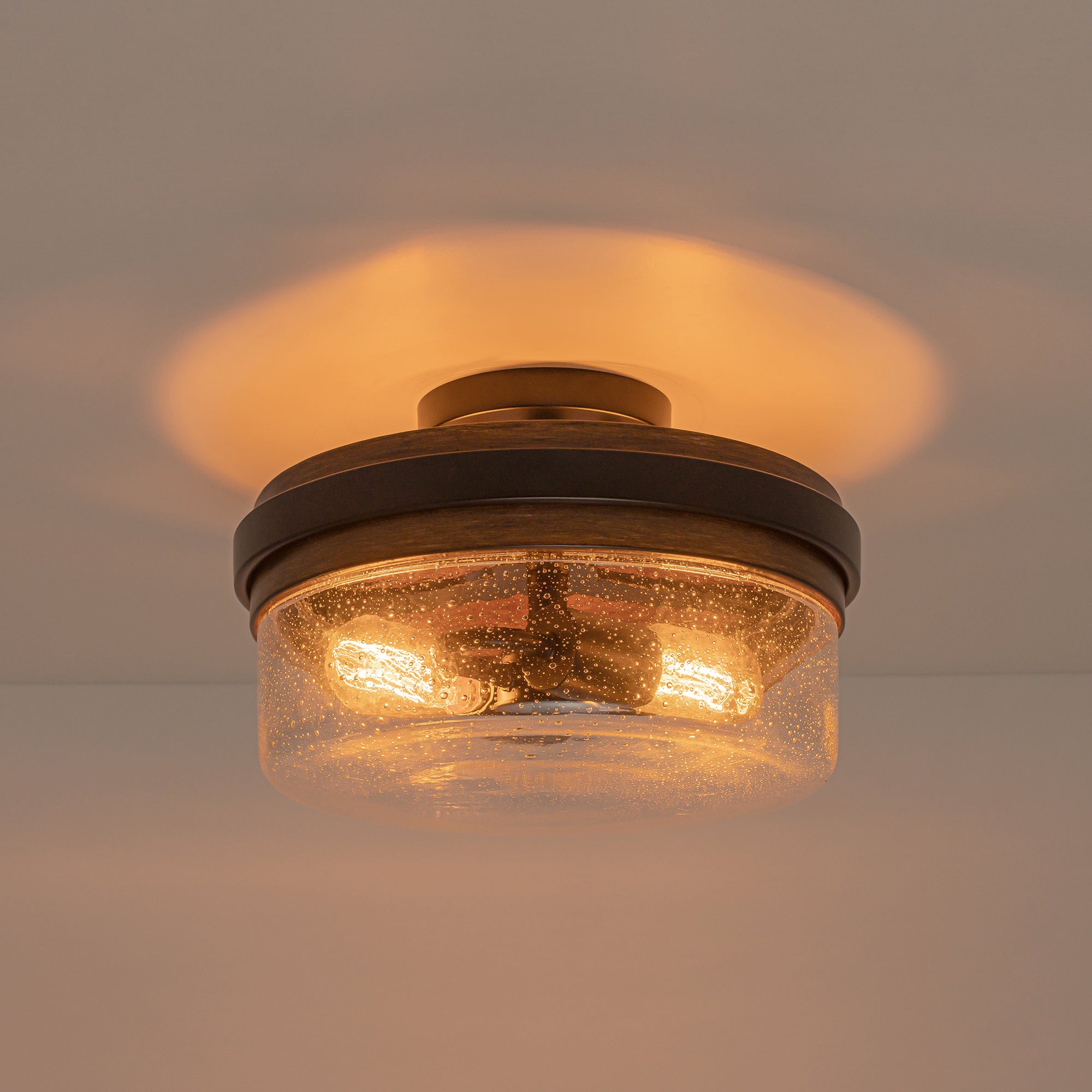 Glowlings 2-Light Farmhouse Drum Semi Flush Mount Ceiling Light with Seeded Glass Shade & Wood Grain Accent