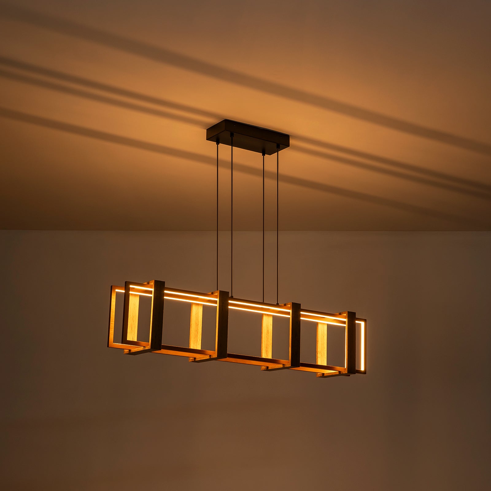 Glowlings 2-flammige Farmhouse-Pendelleuchte, 101,6 cm breit, großes rechteckiges lineares LED-Holz