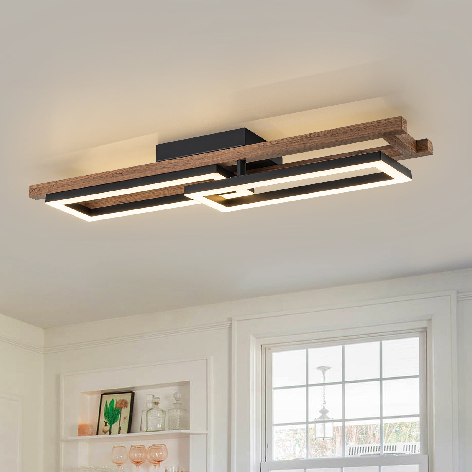 Glowlings 2-Licht Farmhouse 28" breites Rechteck 360° drehbare LED-Holz-Unterputzleuchte