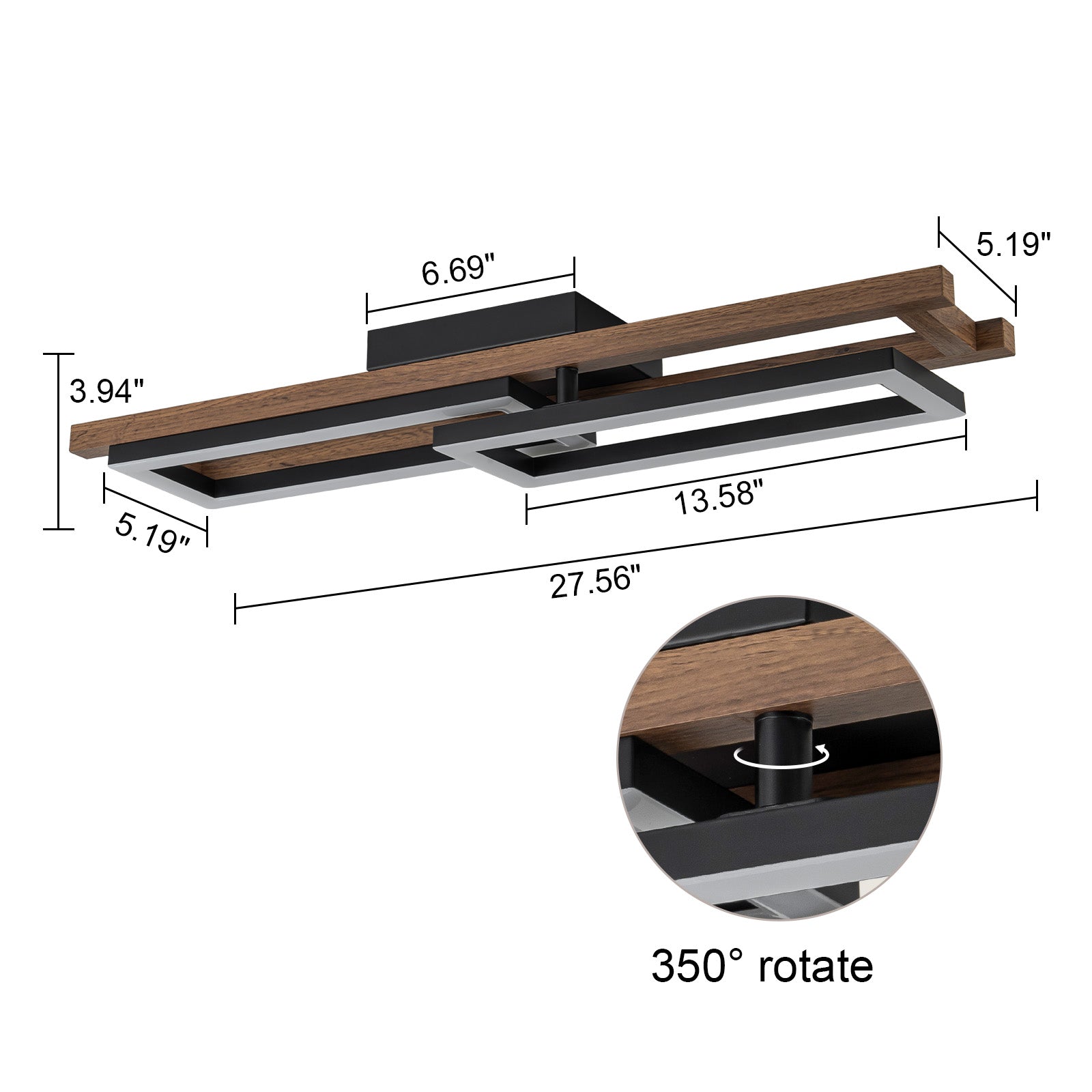 Glowlings 2-Licht Farmhouse 28" breites Rechteck 360° drehbare LED-Holz-Unterputzleuchte