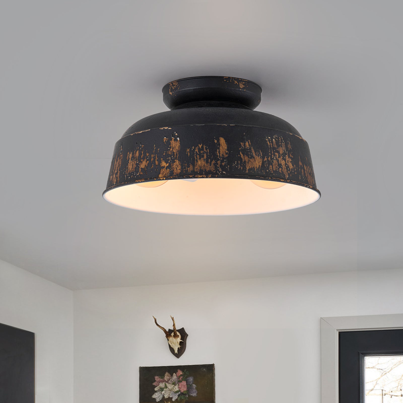 Glowlings 2-Light Industrial 14"Wide Black/Blue Antique Gold Distressing Dome Flush Mount