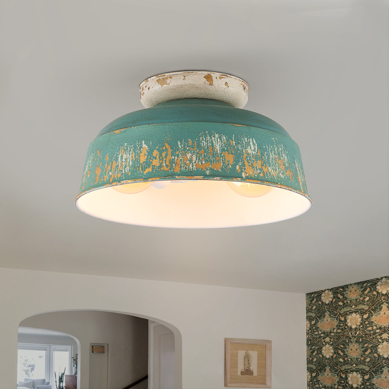 Glowlings 2-Light Industrial 14"Wide Black/Blue Antique Gold Distressing Dome Flush Mount