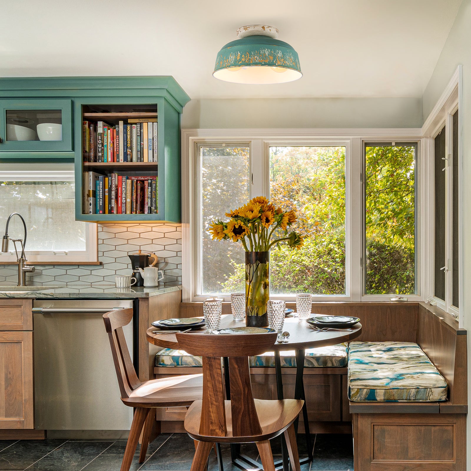 Glowlings 2-Light Industrial 14"Wide Black/Blue Antique Gold Distressing Dome Flush Mount