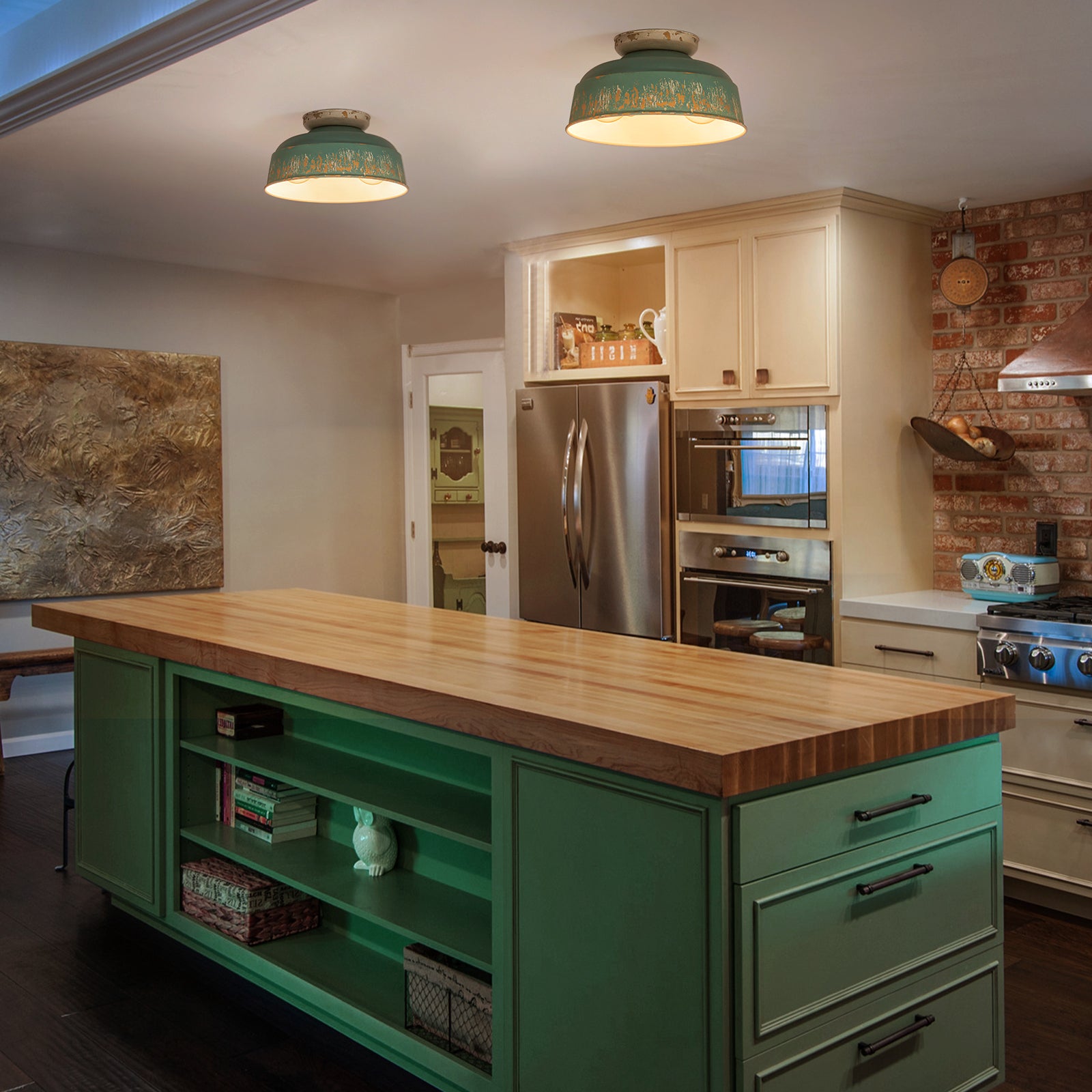 Glowlings 2-Light Industrial 14"Wide Black/Blue Antique Gold Distressing Dome Flush Mount