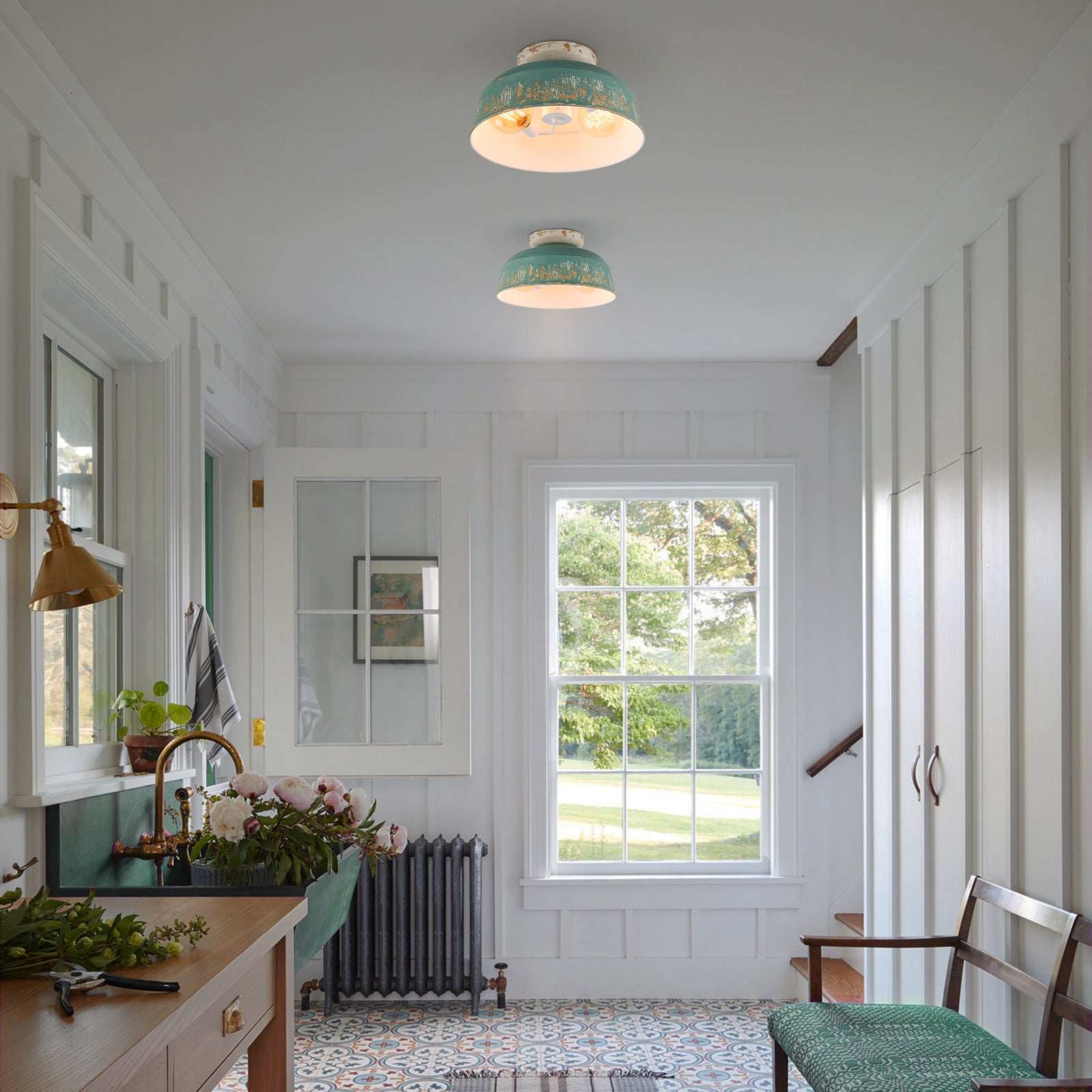 Glowlings 2-Light Industrial 14"Wide Black/Blue Antique Gold Distressing Dome Flush Mount