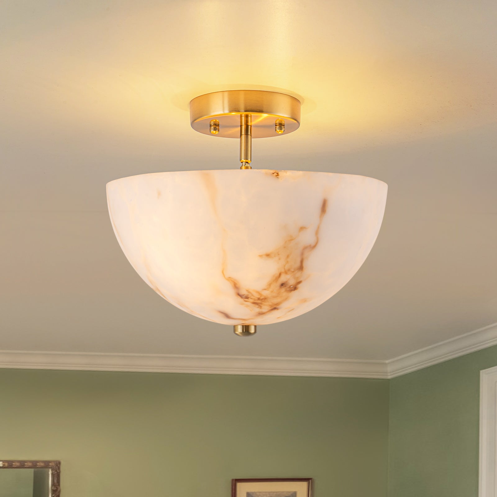 Glowlings 2-Light Luxury Brushed Brass Faux Alabaster Marble Bowl Shade Semi Flush Mount Ceiling Light