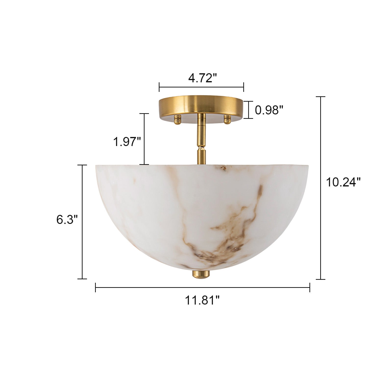 Glowlings 2-Light Luxury Brushed Brass Faux Alabaster Marble Bowl Shade Semi Flush Mount Ceiling Light