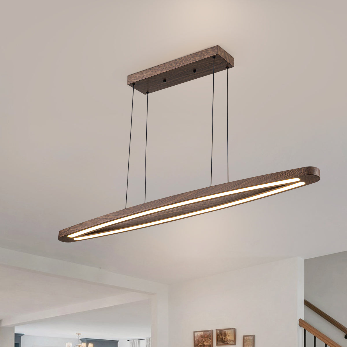 Glowlings 2-Light Minimalist Natural Wood Walnut Finish Linear LED Pendant Light Dining Room Chandelier